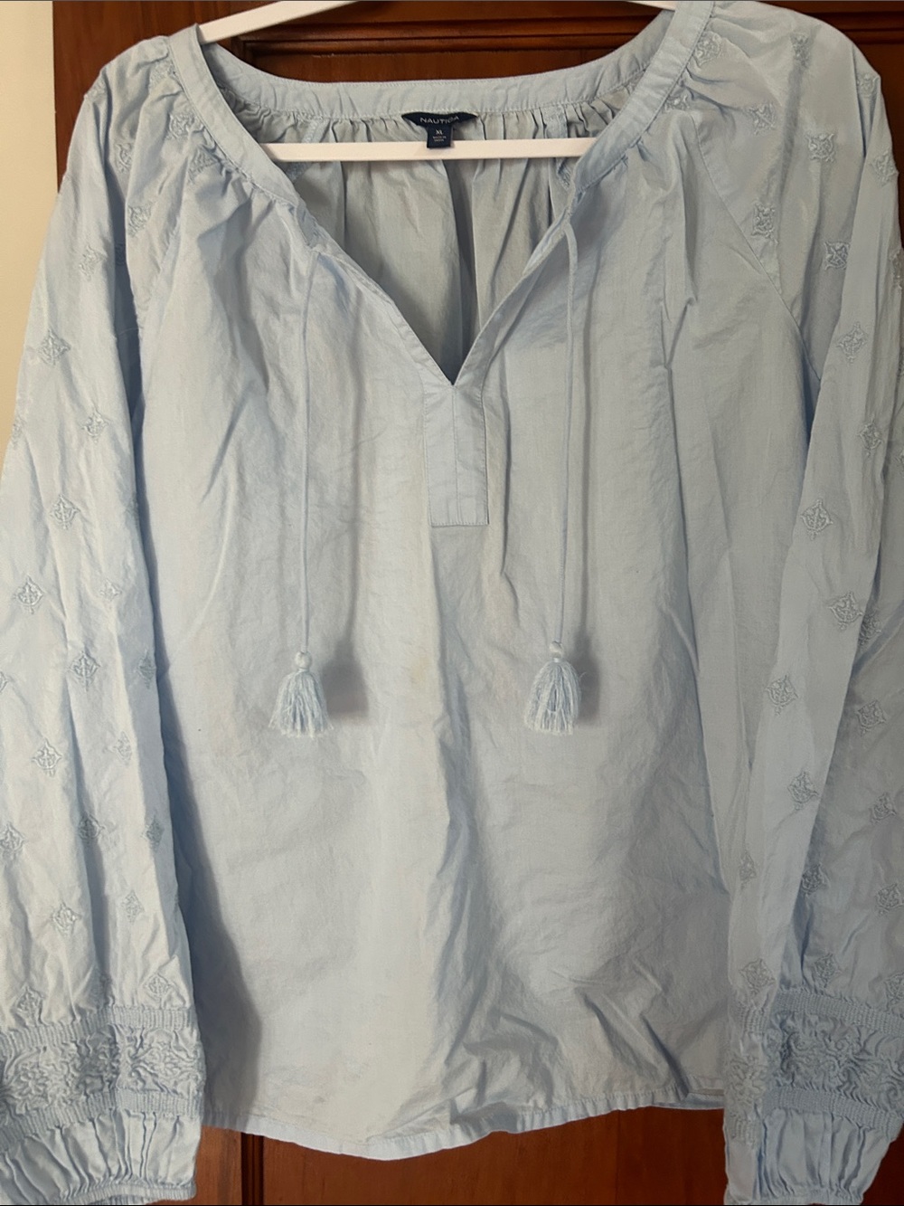 Nautica Pale Blue Embroidered Peasant Top with tassels - Picture 3 of 5